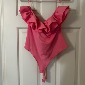 Strapless pink ruffle top